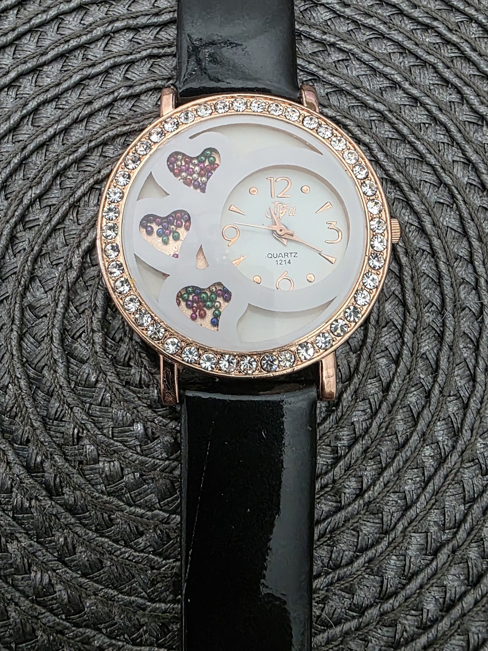 Fashion Heart Accent Black Patent Strap Watch - Rose Gold